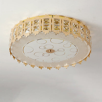 Modern Luxury Round Crystal Square Beads Flower Wave Pattern Hardware Leather Shell Glass LED Flush Mount Ceiling Light For Bedroom