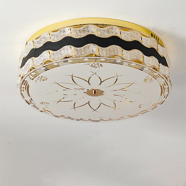 Modern Luxury Round Crystal Square Beads Flower Wave Pattern Hardware Leather Shell Glass LED Flush Mount Ceiling Light For Bedroom