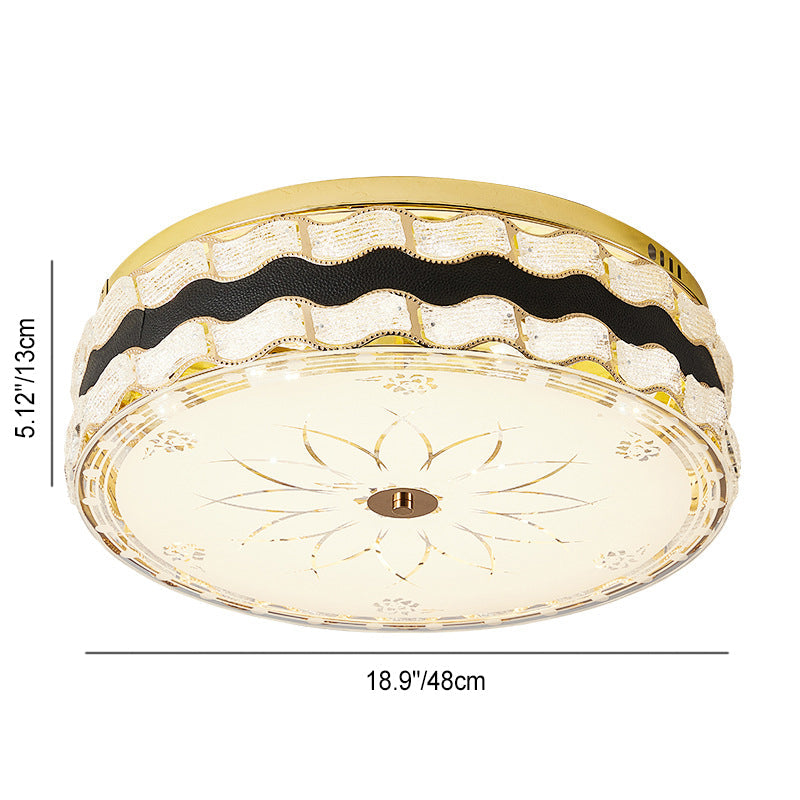 Modern Luxury Round Crystal Square Beads Flower Wave Pattern Hardware Leather Shell Glass LED Flush Mount Ceiling Light For Bedroom