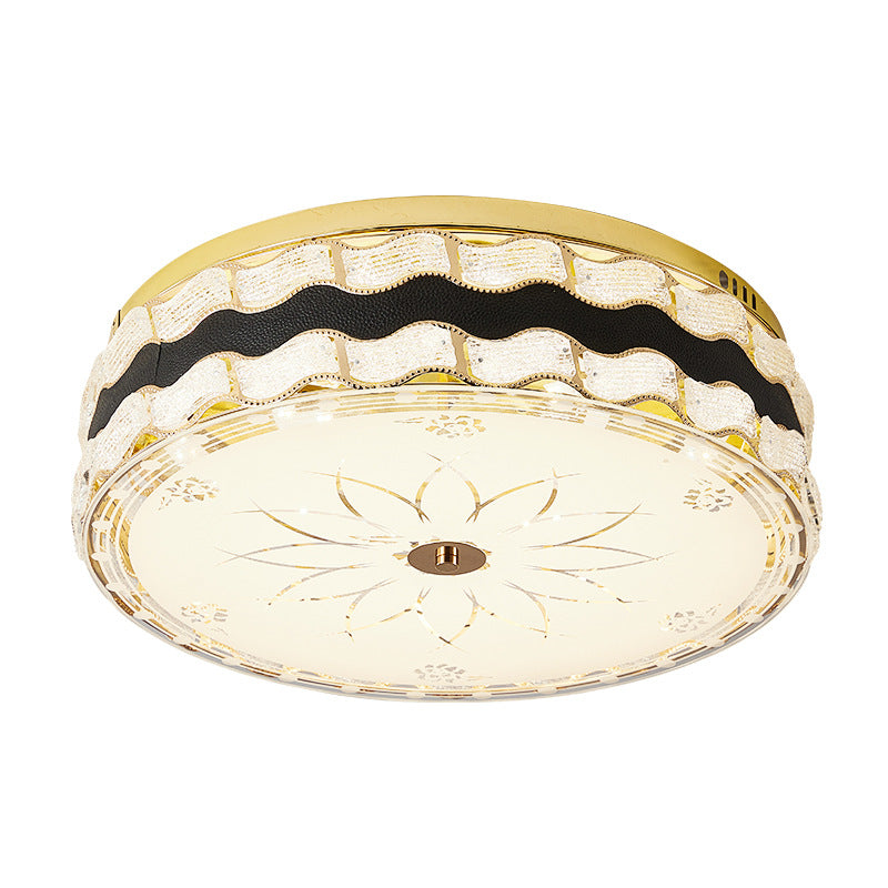 Modern Luxury Round Crystal Square Beads Flower Wave Pattern Hardware Leather Shell Glass LED Flush Mount Ceiling Light For Bedroom