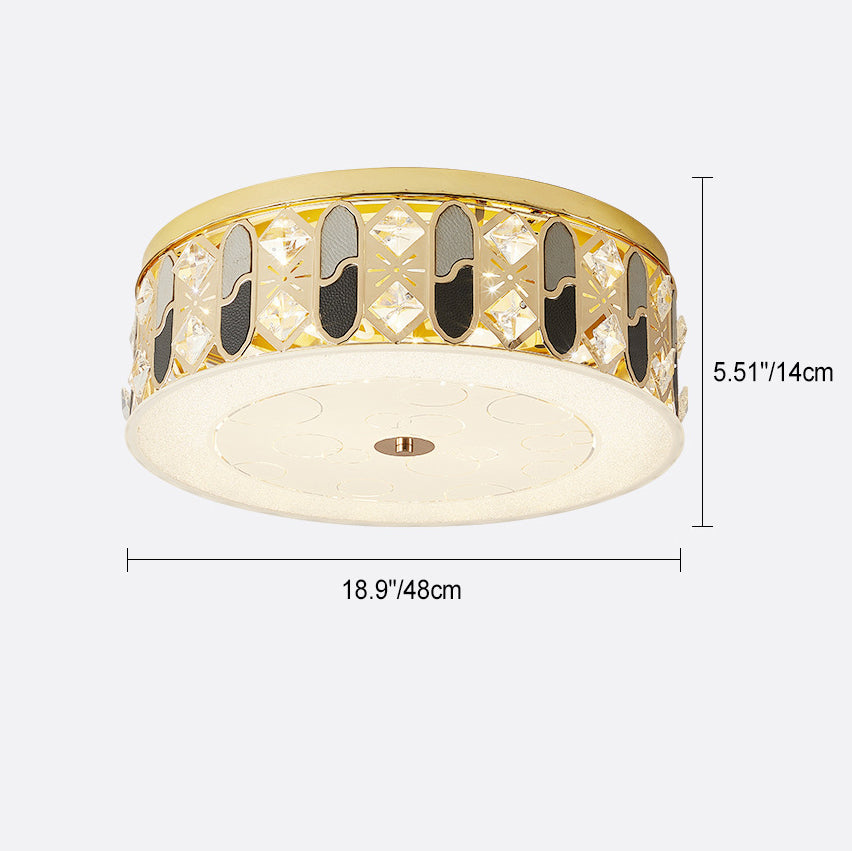 Modern Luxury Round Crystal Square Beads Flower Wave Pattern Hardware Leather Shell Glass LED Flush Mount Ceiling Light For Bedroom