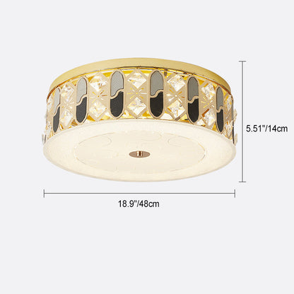 Modern Luxury Round Crystal Square Beads Flower Wave Pattern Hardware Leather Shell Glass LED Flush Mount Ceiling Light For Bedroom