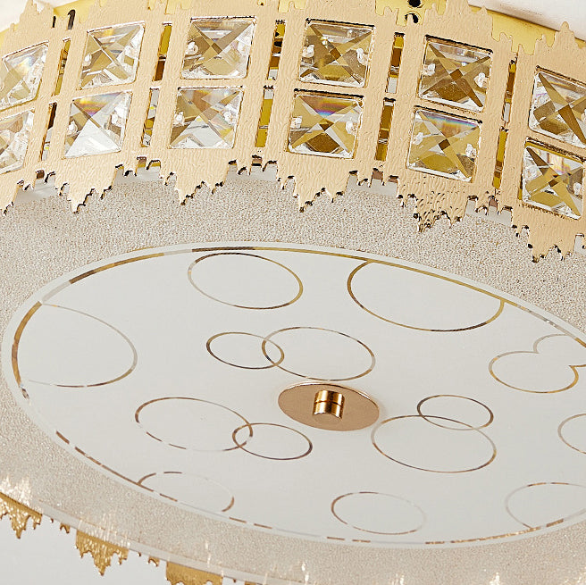 Modern Luxury Round Crystal Square Beads Flower Wave Pattern Hardware Leather Shell Glass LED Flush Mount Ceiling Light For Bedroom