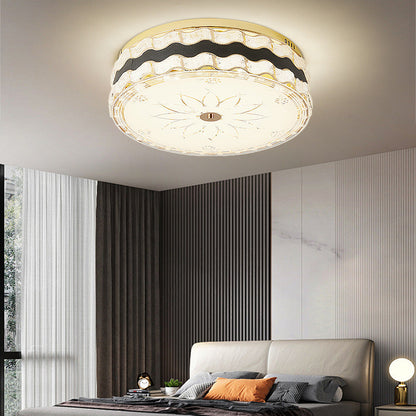 Modern Luxury Round Crystal Square Beads Flower Wave Pattern Hardware Leather Shell Glass LED Flush Mount Ceiling Light For Bedroom