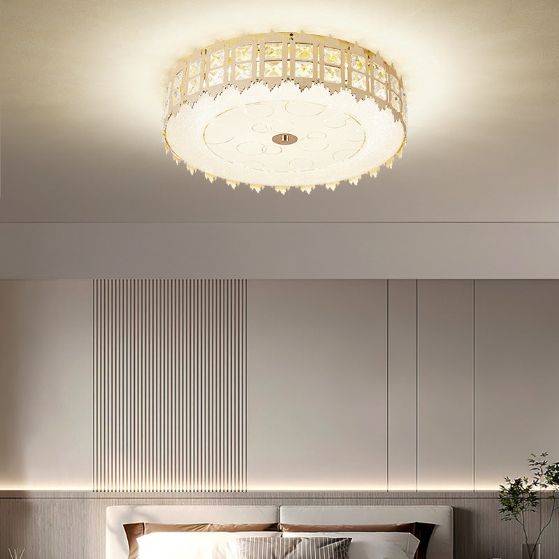 Modern Luxury Round Crystal Square Beads Flower Wave Pattern Hardware Leather Shell Glass LED Flush Mount Ceiling Light For Bedroom
