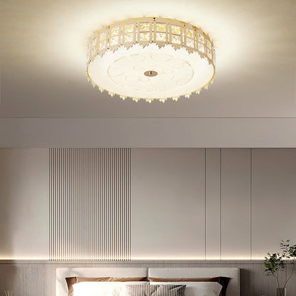Modern Luxury Round Crystal Square Beads Flower Wave Pattern Hardware Leather Shell Glass LED Flush Mount Ceiling Light For Bedroom