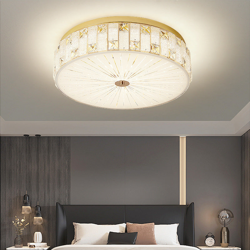 Modern Luxury Round Crystal Square Beads Flower Wave Pattern Hardware Leather Shell Glass LED Flush Mount Ceiling Light For Bedroom