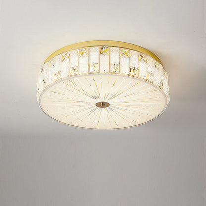Modern Luxury Round Crystal Square Beads Flower Wave Pattern Hardware Leather Shell Glass LED Flush Mount Ceiling Light For Bedroom