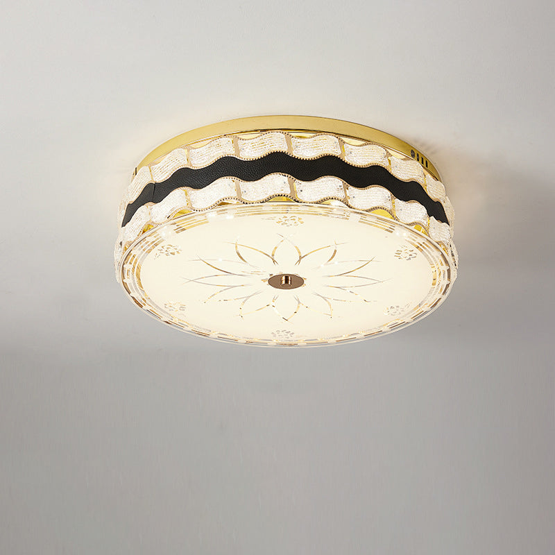 Modern Luxury Round Crystal Square Beads Flower Wave Pattern Hardware Leather Shell Glass LED Flush Mount Ceiling Light For Bedroom