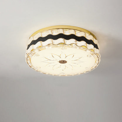 Modern Luxury Round Crystal Square Beads Flower Wave Pattern Hardware Leather Shell Glass LED Flush Mount Ceiling Light For Bedroom