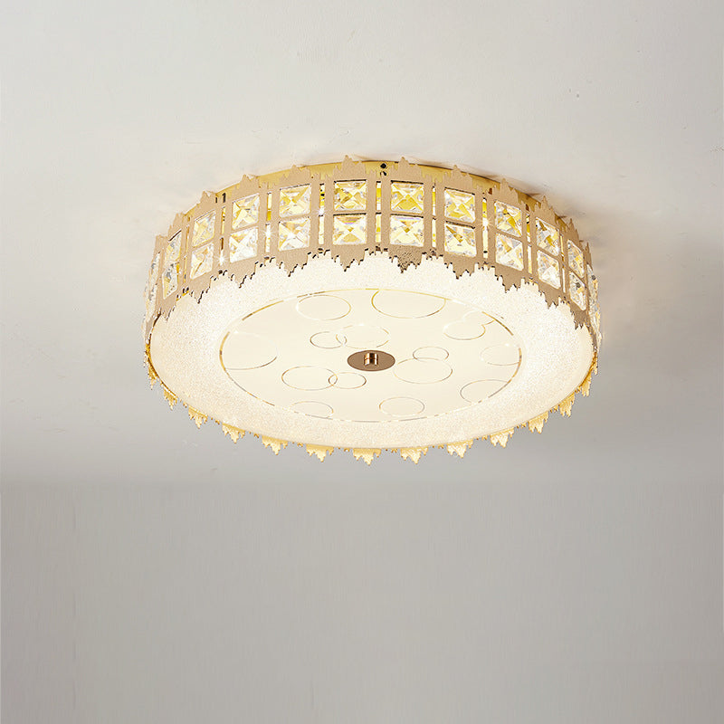 Modern Luxury Round Crystal Square Beads Flower Wave Pattern Hardware Leather Shell Glass LED Flush Mount Ceiling Light For Bedroom