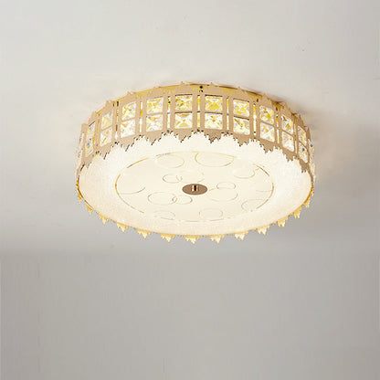 Modern Luxury Round Crystal Square Beads Flower Wave Pattern Hardware Leather Shell Glass LED Flush Mount Ceiling Light For Bedroom
