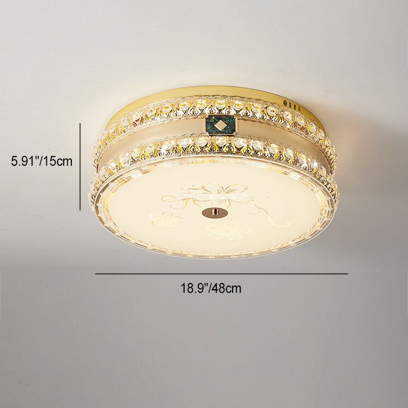 Modern Luxury Round Crystal Square Beads Flower Wave Pattern Hardware Leather Shell Glass LED Flush Mount Ceiling Light For Bedroom