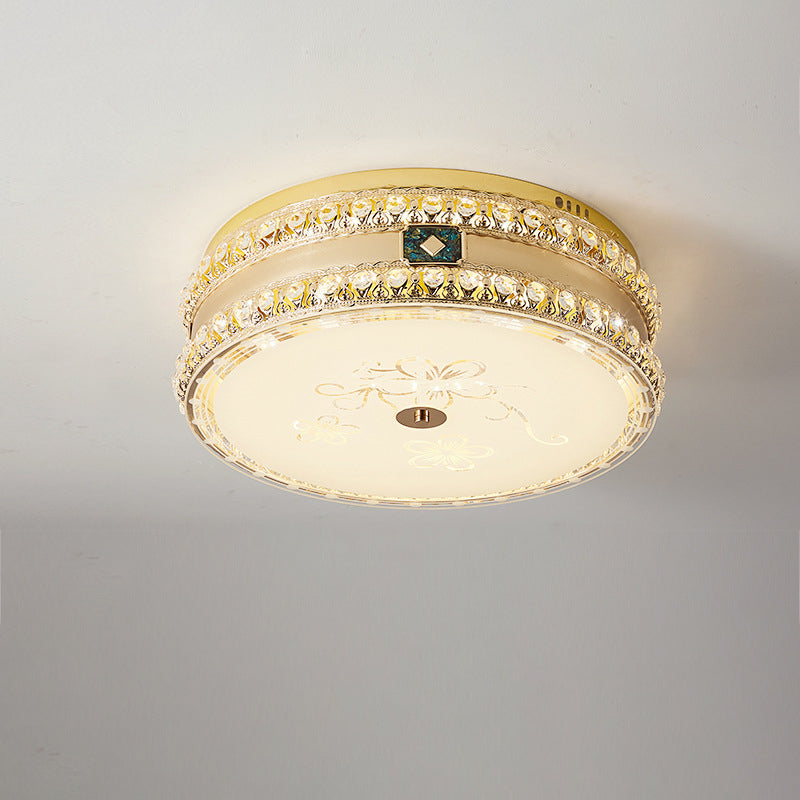 Modern Luxury Round Crystal Square Beads Flower Wave Pattern Hardware Leather Shell Glass LED Flush Mount Ceiling Light For Bedroom