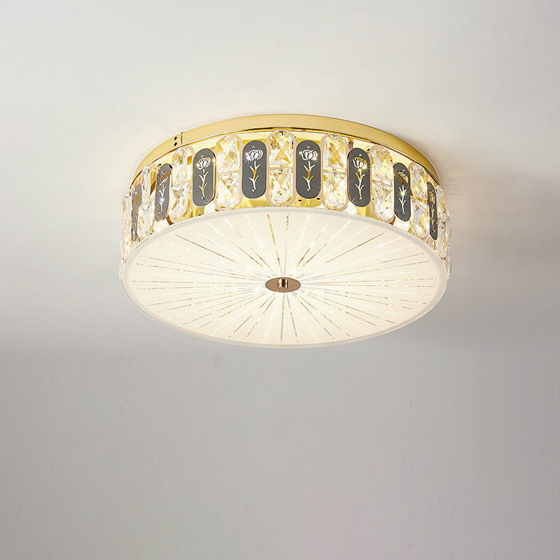 Modern Luxury Round Crystal Square Beads Flower Wave Pattern Hardware Leather Shell Glass LED Flush Mount Ceiling Light For Bedroom