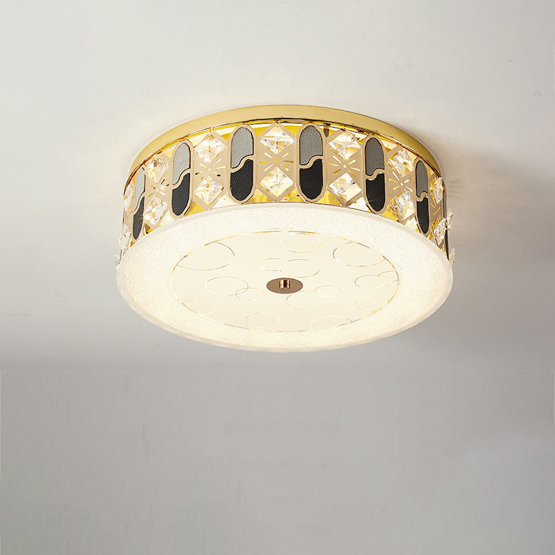 Modern Luxury Round Crystal Square Beads Flower Wave Pattern Hardware Leather Shell Glass LED Flush Mount Ceiling Light For Bedroom