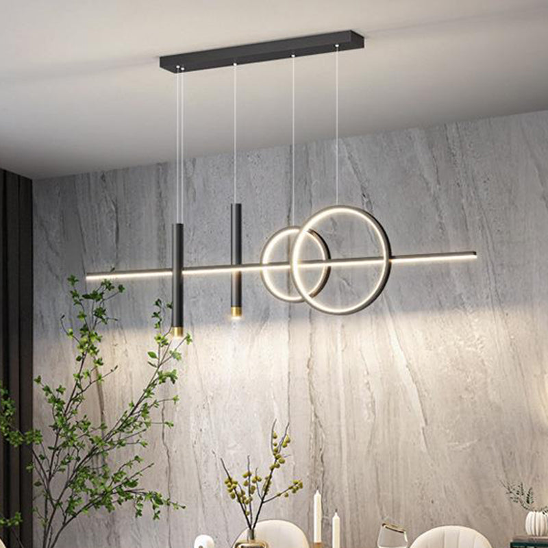 ثريا جزيرة LED حديثة بسيطة ذات دوائر هندسية مستقيمة من الحديد والألومنيوم والسيليكون وشريط من الأكريليك لغرفة الطعام 