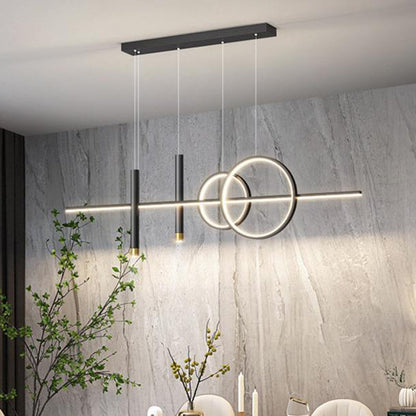 ثريا جزيرة LED حديثة بسيطة ذات دوائر هندسية مستقيمة من الحديد والألومنيوم والسيليكون وشريط من الأكريليك لغرفة الطعام 