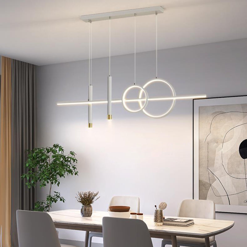 ثريا جزيرة LED حديثة بسيطة ذات دوائر هندسية مستقيمة من الحديد والألومنيوم والسيليكون وشريط من الأكريليك لغرفة الطعام 
