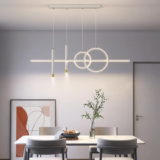 ثريا جزيرة LED حديثة بسيطة ذات دوائر هندسية مستقيمة من الحديد والألومنيوم والسيليكون وشريط من الأكريليك لغرفة الطعام 