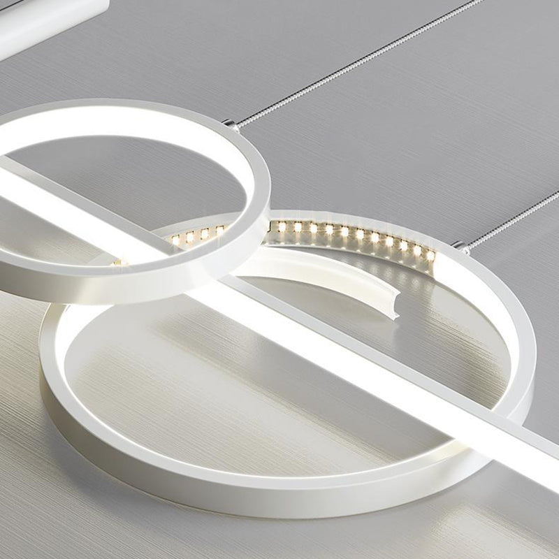 ثريا جزيرة LED حديثة بسيطة ذات دوائر هندسية مستقيمة من الحديد والألومنيوم والسيليكون وشريط من الأكريليك لغرفة الطعام 