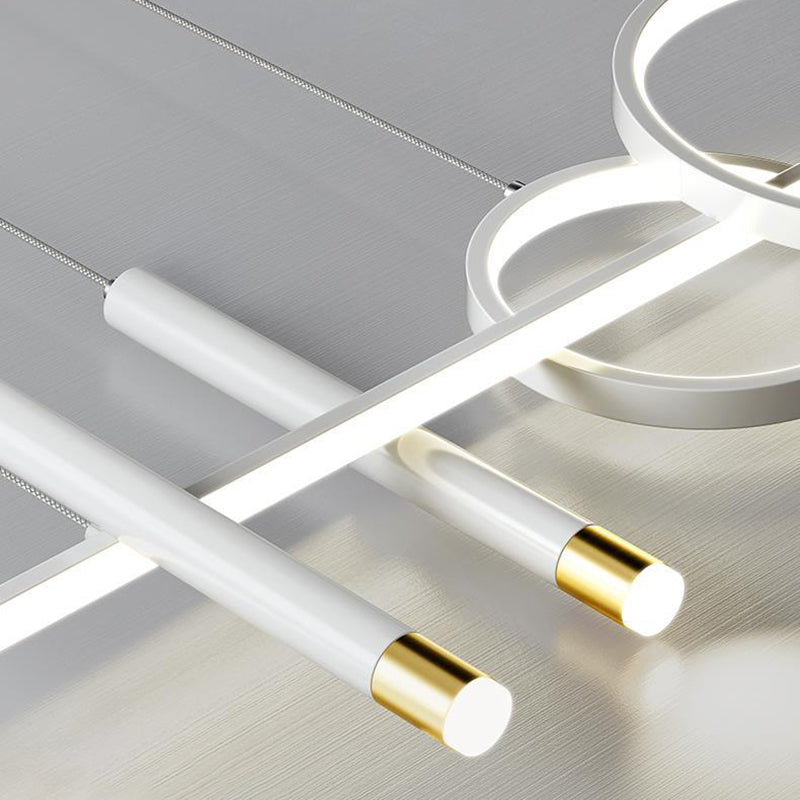 ثريا جزيرة LED حديثة بسيطة ذات دوائر هندسية مستقيمة من الحديد والألومنيوم والسيليكون وشريط من الأكريليك لغرفة الطعام 