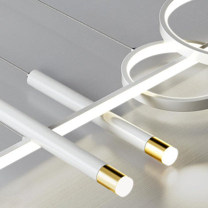ثريا جزيرة LED حديثة بسيطة ذات دوائر هندسية مستقيمة من الحديد والألومنيوم والسيليكون وشريط من الأكريليك لغرفة الطعام 