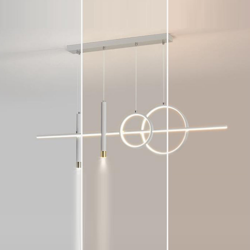 ثريا جزيرة LED حديثة بسيطة ذات دوائر هندسية مستقيمة من الحديد والألومنيوم والسيليكون وشريط من الأكريليك لغرفة الطعام 