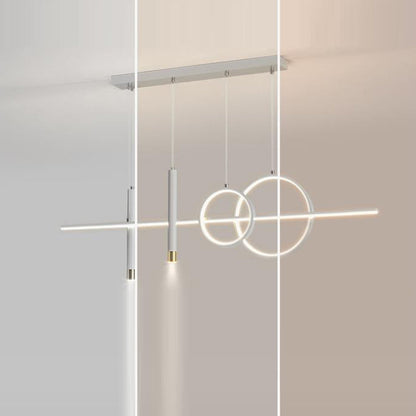 ثريا جزيرة LED حديثة بسيطة ذات دوائر هندسية مستقيمة من الحديد والألومنيوم والسيليكون وشريط من الأكريليك لغرفة الطعام 