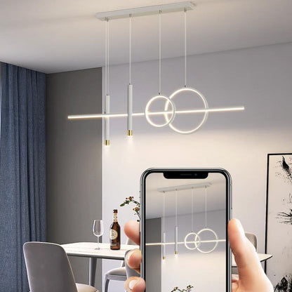 ثريا جزيرة LED حديثة بسيطة ذات دوائر هندسية مستقيمة من الحديد والألومنيوم والسيليكون وشريط من الأكريليك لغرفة الطعام 