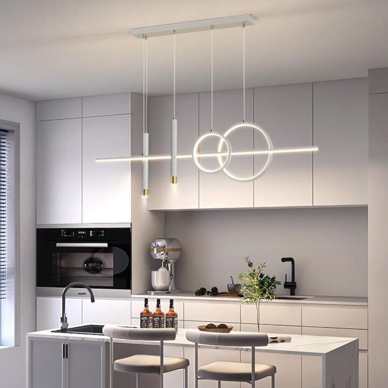 ثريا جزيرة LED حديثة بسيطة ذات دوائر هندسية مستقيمة من الحديد والألومنيوم والسيليكون وشريط من الأكريليك لغرفة الطعام 