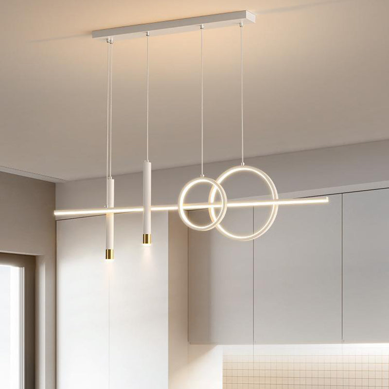 ثريا جزيرة LED حديثة بسيطة ذات دوائر هندسية مستقيمة من الحديد والألومنيوم والسيليكون وشريط من الأكريليك لغرفة الطعام 
