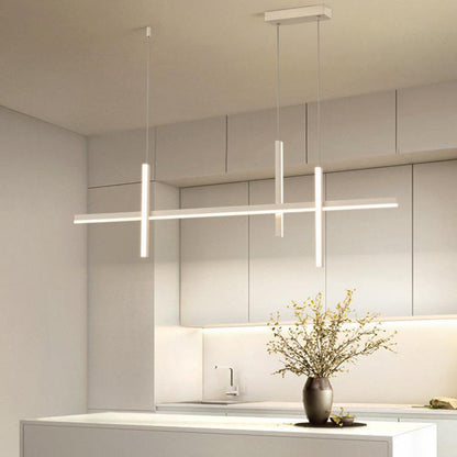 ثريا جزيرة LED حديثة بسيطة ذات دوائر هندسية مستقيمة من الحديد والألومنيوم والسيليكون وشريط من الأكريليك لغرفة الطعام 
