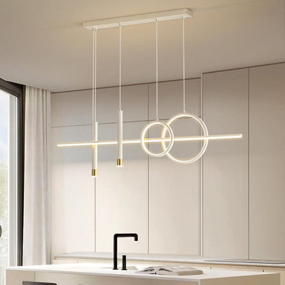 ثريا جزيرة LED حديثة بسيطة ذات دوائر هندسية مستقيمة من الحديد والألومنيوم والسيليكون وشريط من الأكريليك لغرفة الطعام 