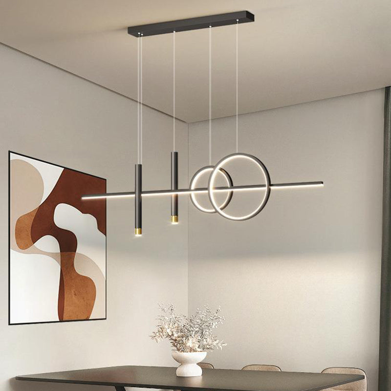 ثريا جزيرة LED حديثة بسيطة ذات دوائر هندسية مستقيمة من الحديد والألومنيوم والسيليكون وشريط من الأكريليك لغرفة الطعام 