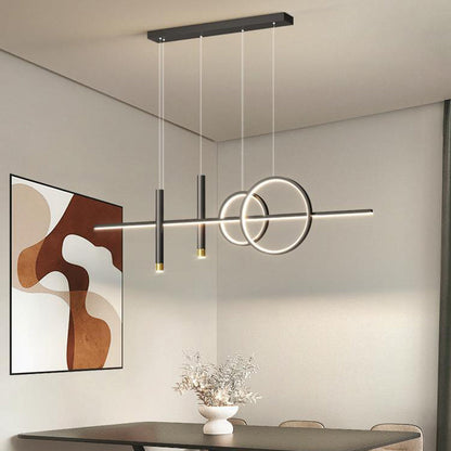 ثريا جزيرة LED حديثة بسيطة ذات دوائر هندسية مستقيمة من الحديد والألومنيوم والسيليكون وشريط من الأكريليك لغرفة الطعام 