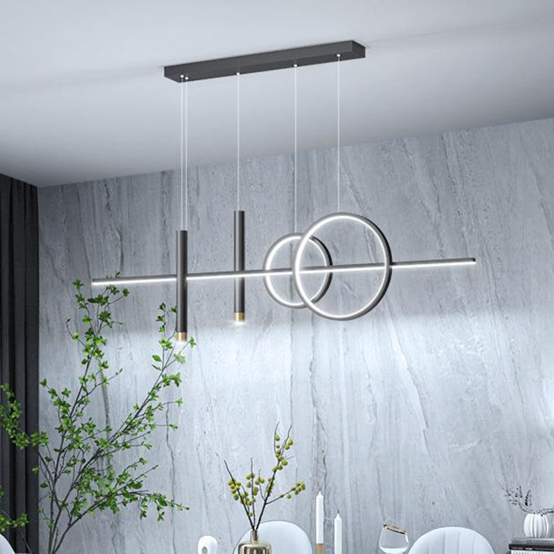 ثريا جزيرة LED حديثة بسيطة ذات دوائر هندسية مستقيمة من الحديد والألومنيوم والسيليكون وشريط من الأكريليك لغرفة الطعام 