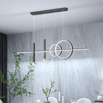 ثريا جزيرة LED حديثة بسيطة ذات دوائر هندسية مستقيمة من الحديد والألومنيوم والسيليكون وشريط من الأكريليك لغرفة الطعام 