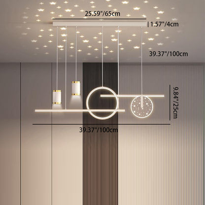 ثريا جزيرة LED حديثة بسيطة ذات دوائر هندسية مستقيمة من الحديد والألومنيوم والسيليكون وشريط من الأكريليك لغرفة الطعام 
