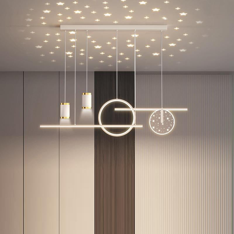 ثريا جزيرة LED حديثة بسيطة ذات دوائر هندسية مستقيمة من الحديد والألومنيوم والسيليكون وشريط من الأكريليك لغرفة الطعام 