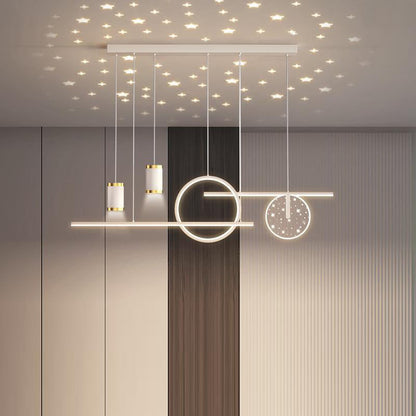 ثريا جزيرة LED حديثة بسيطة ذات دوائر هندسية مستقيمة من الحديد والألومنيوم والسيليكون وشريط من الأكريليك لغرفة الطعام 
