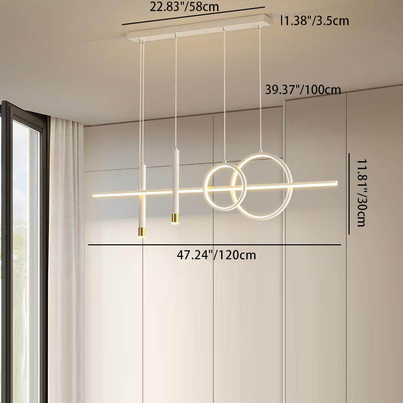 ثريا جزيرة LED حديثة بسيطة ذات دوائر هندسية مستقيمة من الحديد والألومنيوم والسيليكون وشريط من الأكريليك لغرفة الطعام 