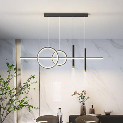ثريا جزيرة LED حديثة بسيطة ذات دوائر هندسية مستقيمة من الحديد والألومنيوم والسيليكون وشريط من الأكريليك لغرفة الطعام 