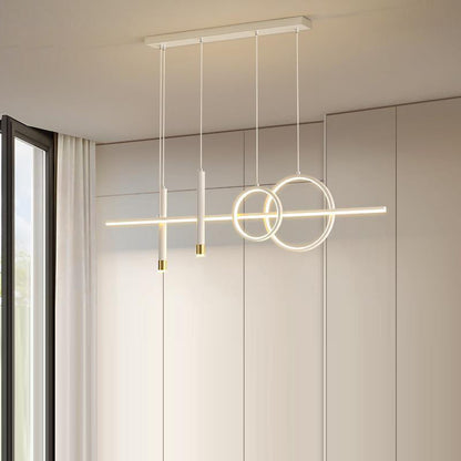 ثريا جزيرة LED حديثة بسيطة ذات دوائر هندسية مستقيمة من الحديد والألومنيوم والسيليكون وشريط من الأكريليك لغرفة الطعام 