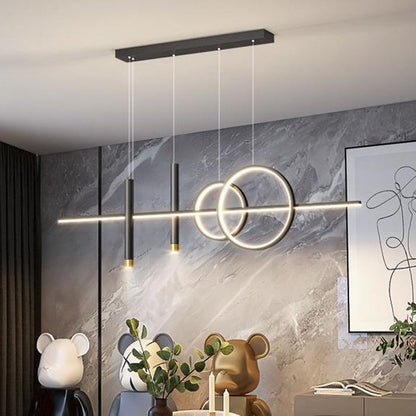 ثريا جزيرة LED حديثة بسيطة ذات دوائر هندسية مستقيمة من الحديد والألومنيوم والسيليكون وشريط من الأكريليك لغرفة الطعام 