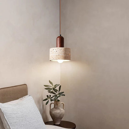 Contemporary Retro Round Travertine Texture Wood 1-Light Pendant Light For Dining Room