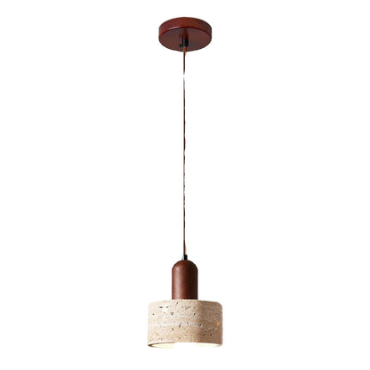 Contemporary Retro Round Travertine Texture Wood 1-Light Pendant Light For Dining Room