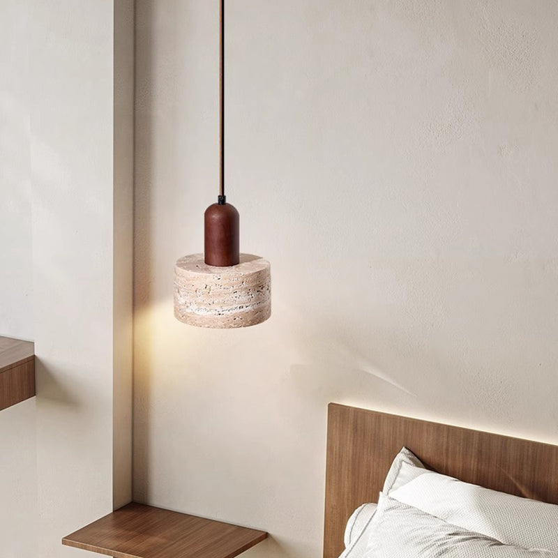 Contemporary Retro Round Travertine Texture Wood 1-Light Pendant Light For Dining Room