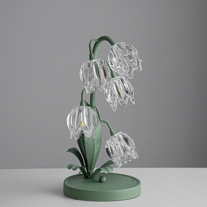Contemporary Creative Tulip Flower Iron Glass USB 1-Light Table Lamp For Bedroom