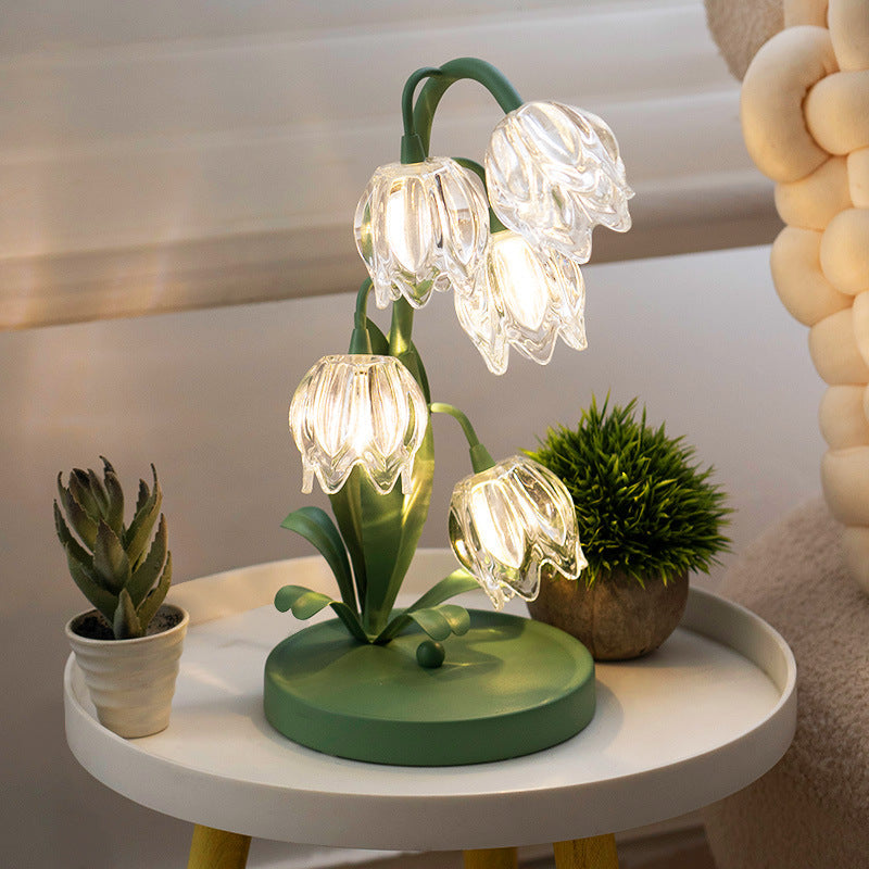 Contemporary Creative Tulip Flower Iron Glass USB 1-Light Table Lamp For Bedroom